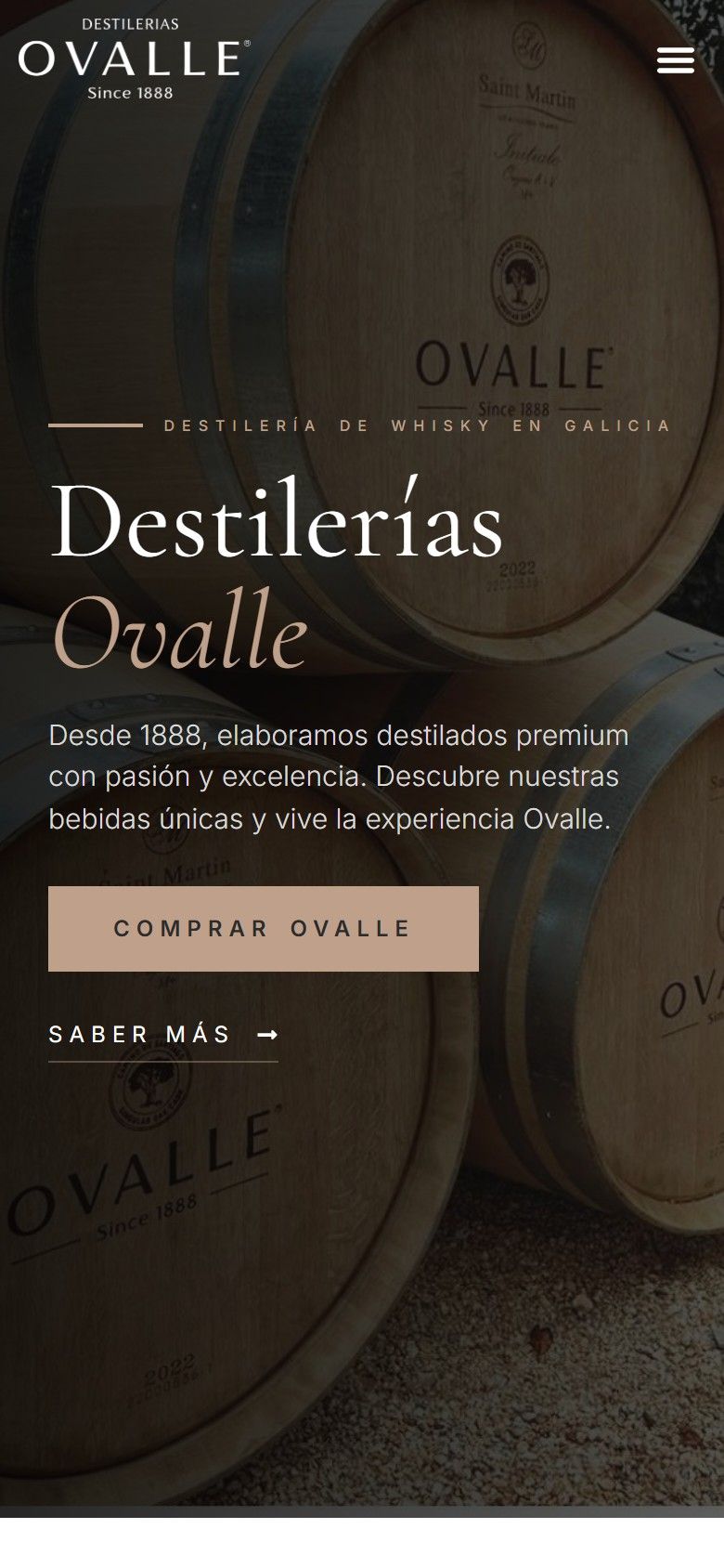 Primera pantalla de la web de Destilerías Ovalle en móvil