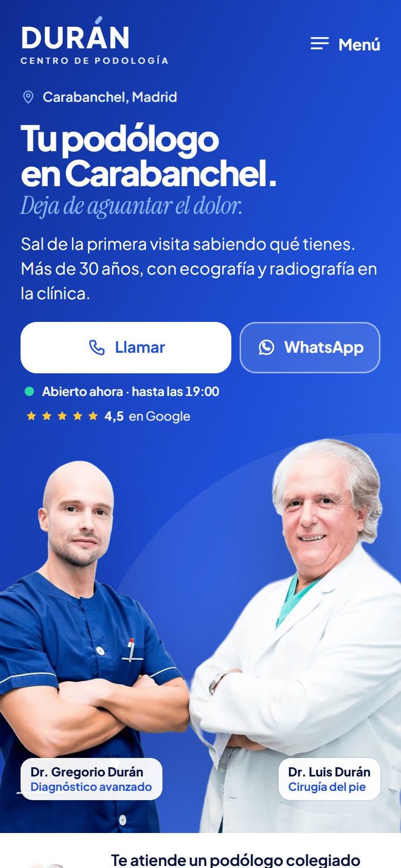 Primera pantalla de la web de Podología Durán en móvil
