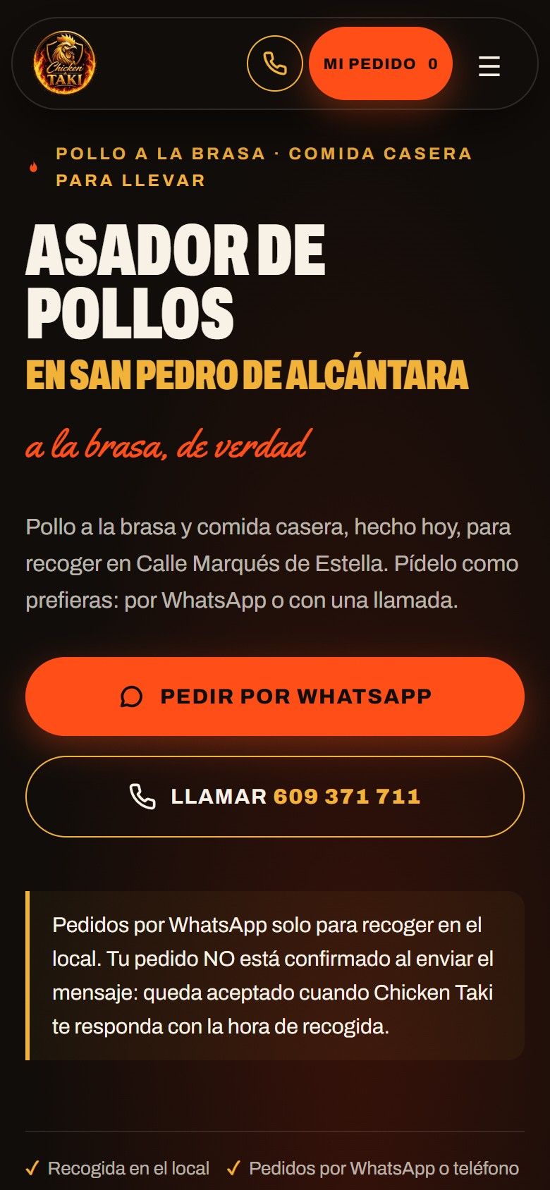 Primera pantalla de la web de Chicken Taki en móvil
